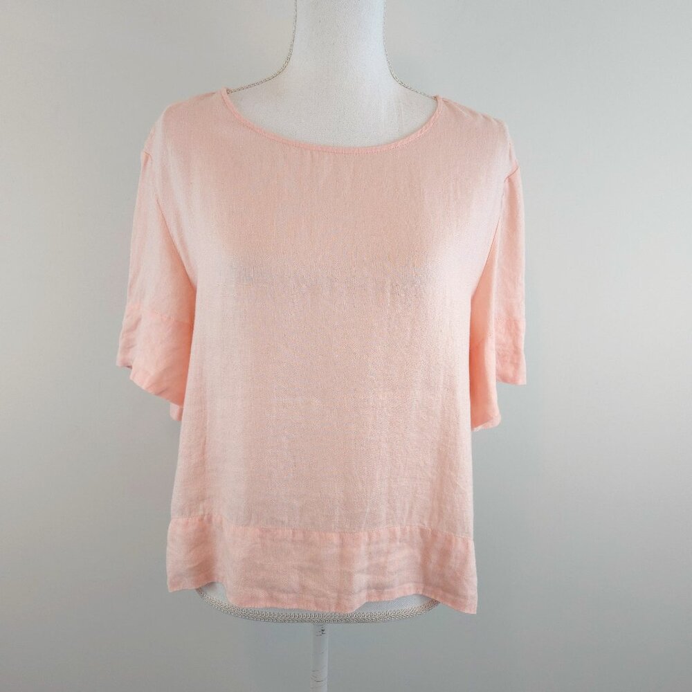 Lord & Taylor Women's Light Pink Short Sleeve 100% Linen Hi-Low Top